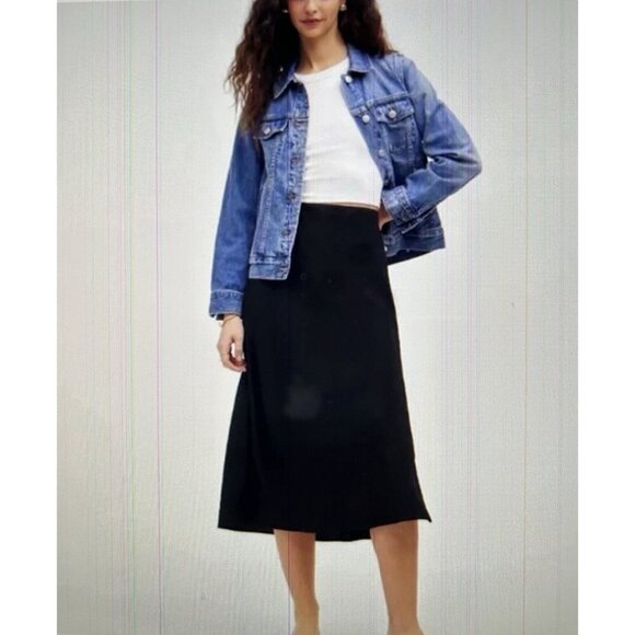 Madewell The Layton Midi Slip Skirt Black Pull On Side Slit Size 6 NL332 - Picture 1 of 9
